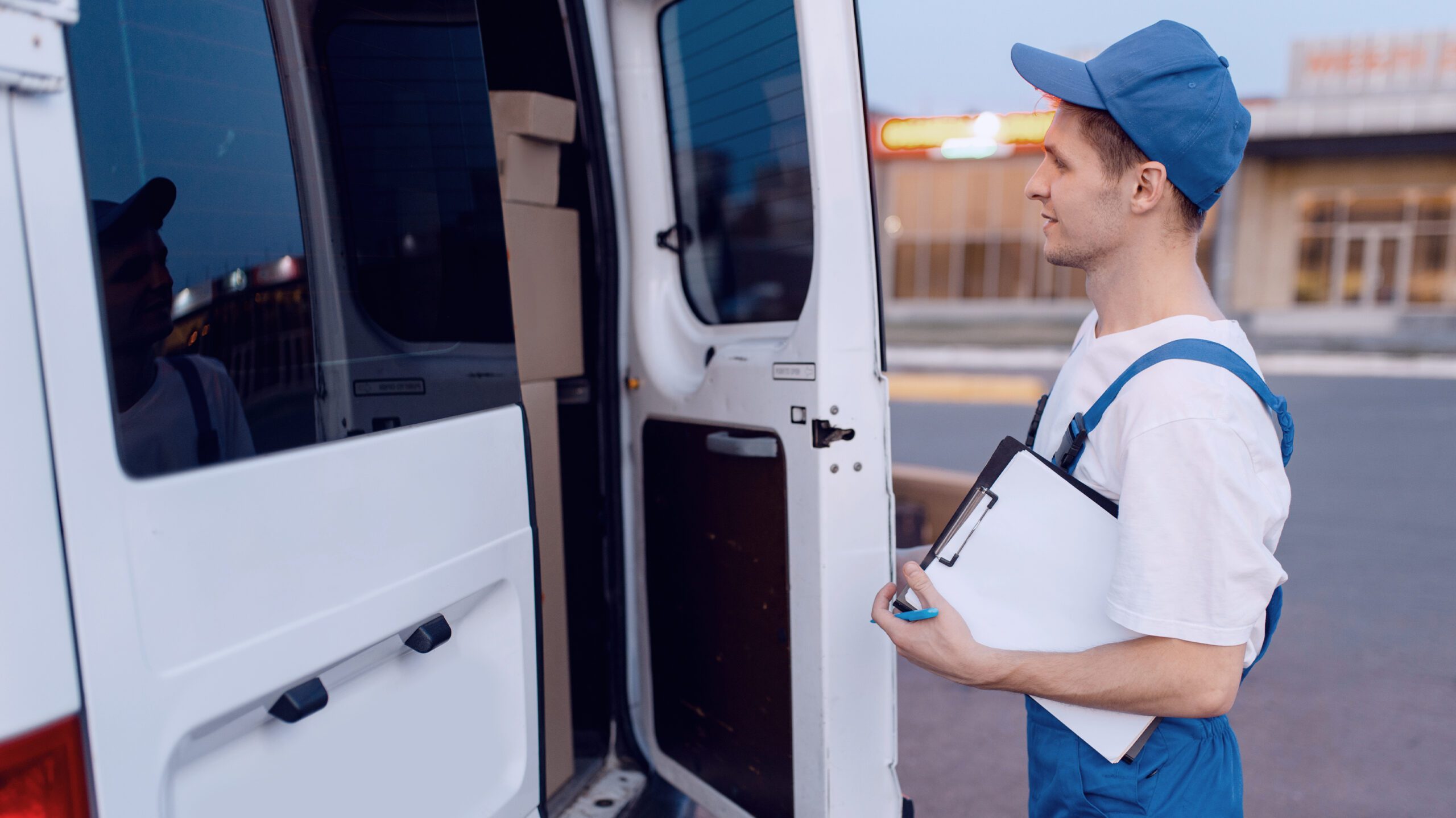 Courier standing by delivery van with clipboard preparing same-day route in Yorkshire